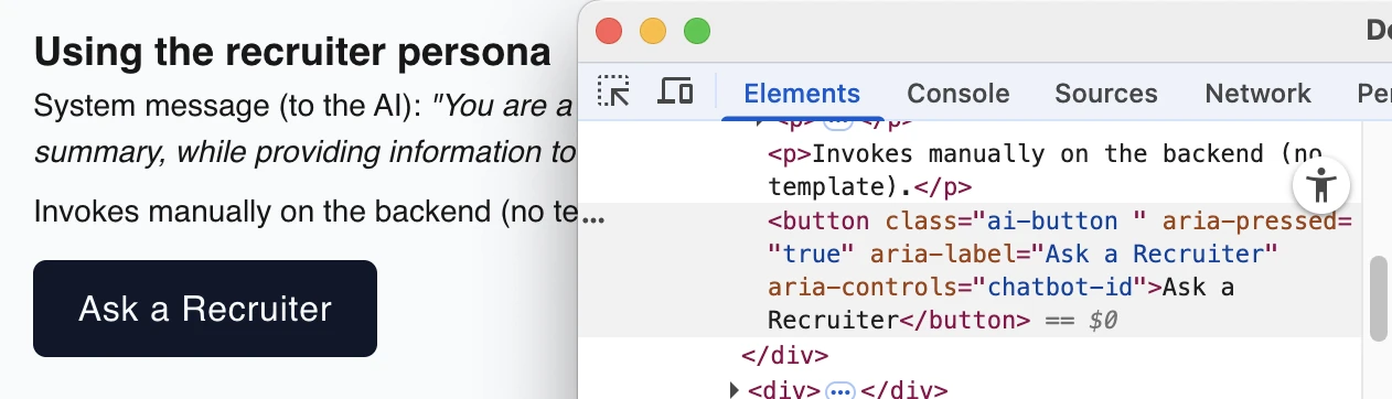 Persona button along with browser developer tools showing the HTML source code for the 'Ask a Recruiter' button.