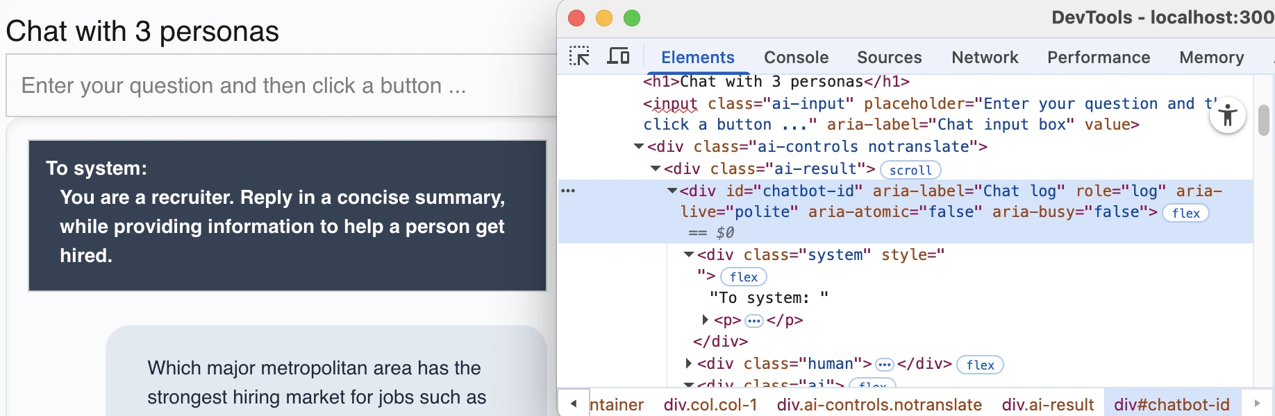 Chat area showing the system, human and ui messages along with browser developer tools showing the HTML source code for the chat area.