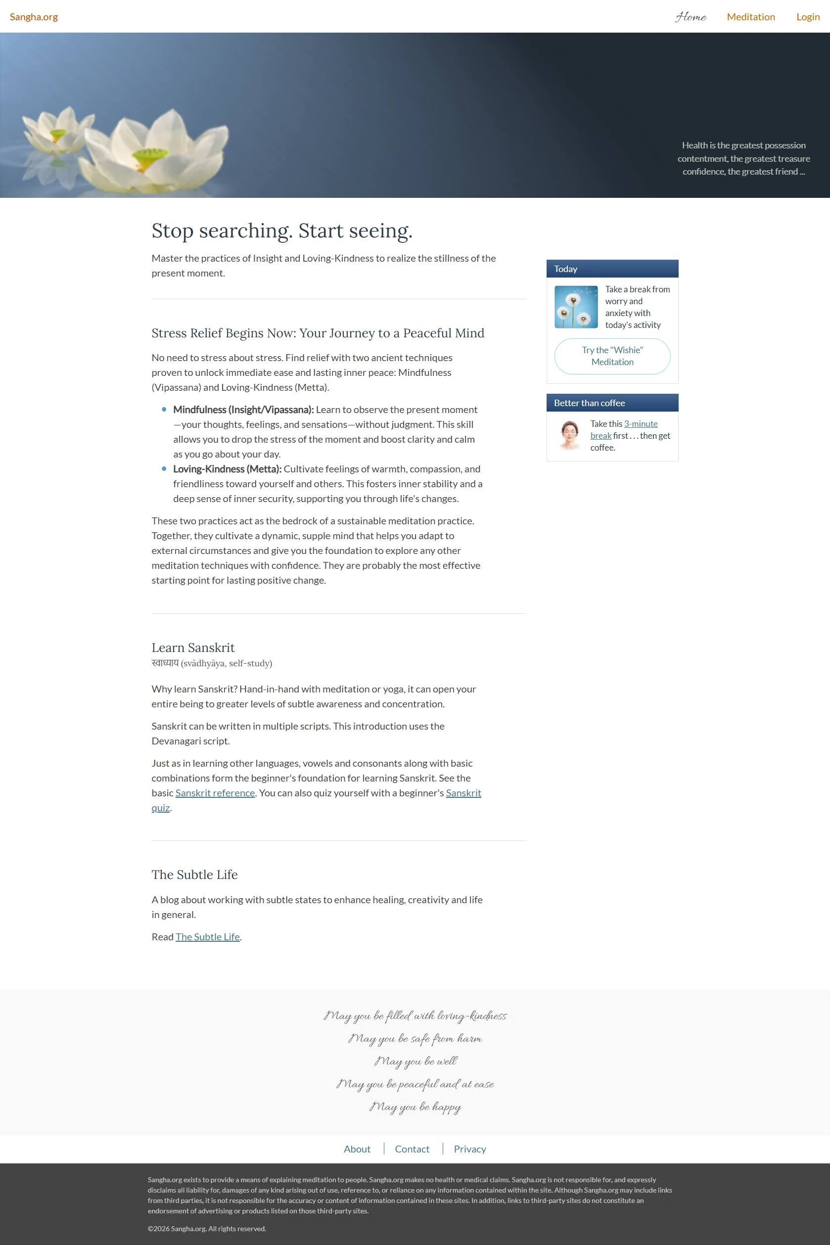 Former landing page for Sangha.org